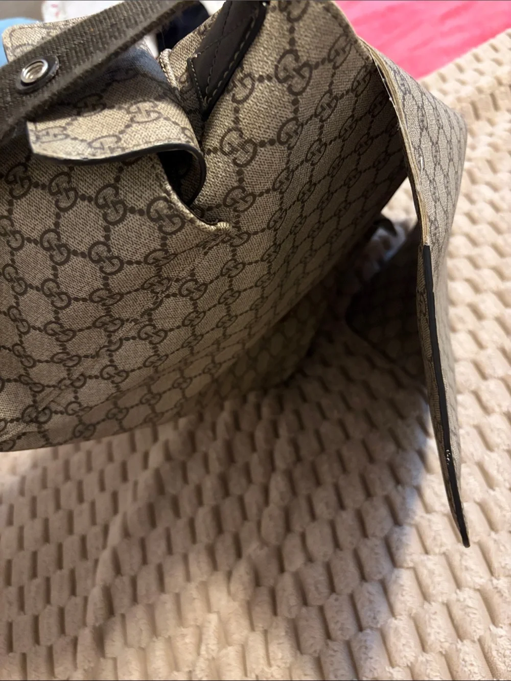 Gucci Beige GG Supreme Messenger Bag with Brown Trim